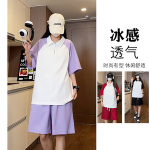 抖音 华夫格插肩袖拼色polo衬衫短裤休闲套装 TZ1500特批P50控98图片