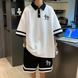 夏季潮流拼色翻领POLO衫搭短裤休闲运动套装TZ827特批P65控98，男装T恤，电商A247