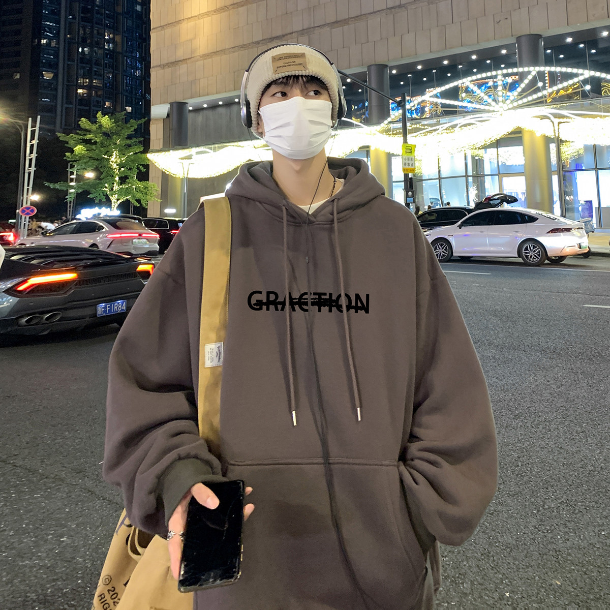 春季宽松时尚背后字母印花潮流情侣连帽卫衣外套W2025P40控58,男装卫衣,电商A247