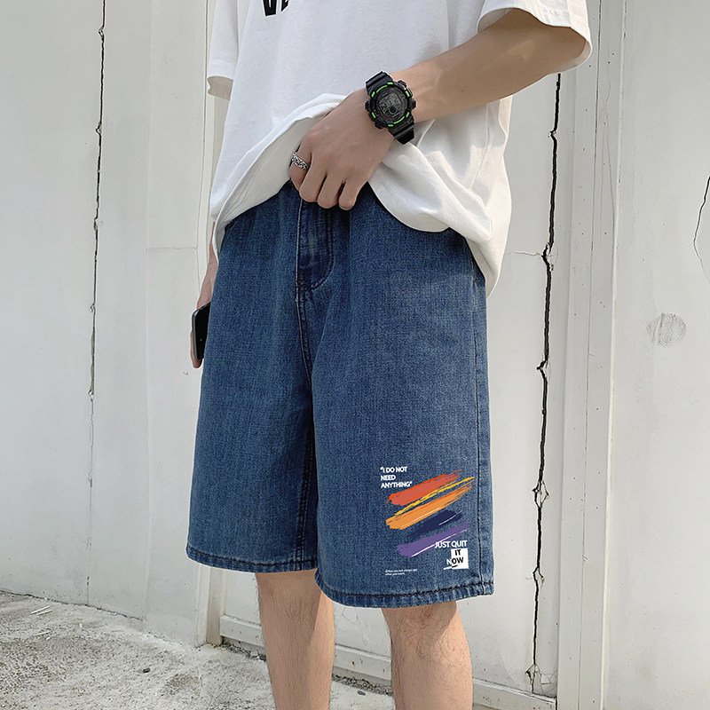 港风23夏季时尚潮流印花款设计牛仔短裤百搭休闲五分裤E38P35控48,男装牛仔裤,电商A247