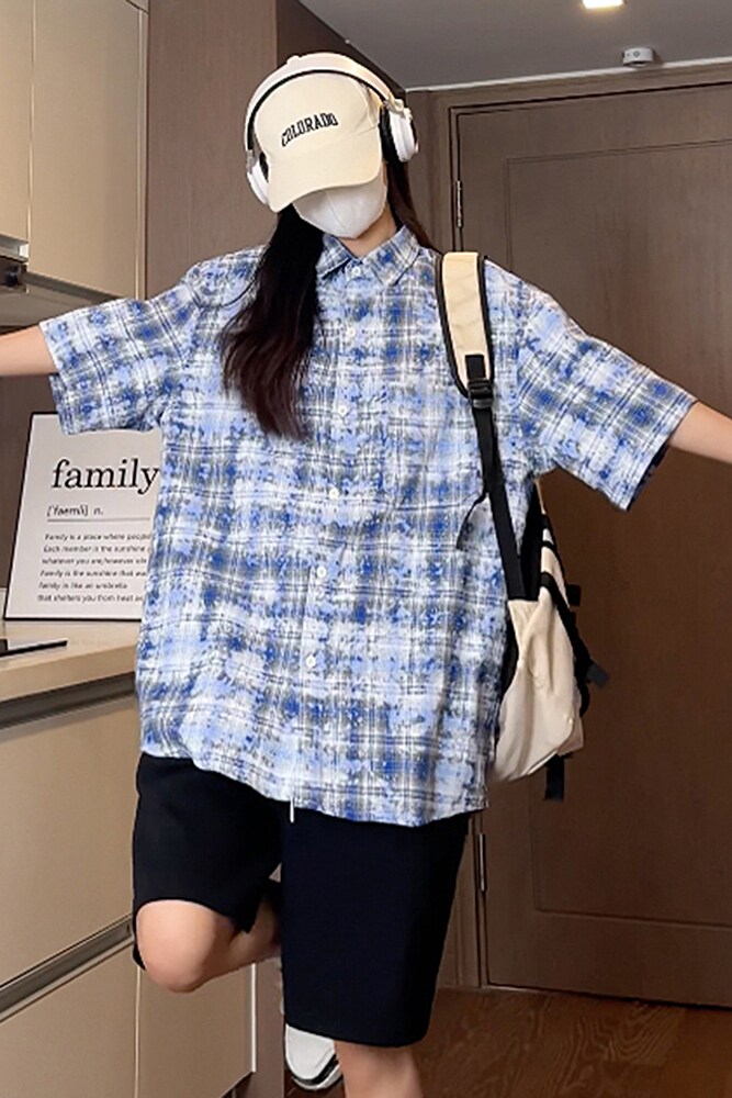 抖音夏季宽松彩格泼墨工艺短袖衬衫男生衬衣S225特批P38控58,男装衬衫,电商A247