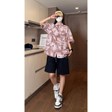 抖音夏季潮流彩格喷墨情侣衬衣宽松短袖衬衫S226特批P40控68，男装衬衫，电商A247