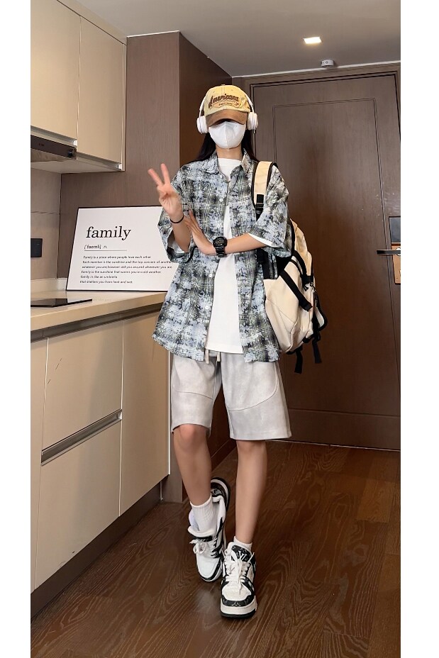 夏季彩格喷墨情侣衬衣宽松短袖衬衫S226特批P40控68,男装衬衫,电商A247