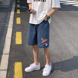 港风23夏季时尚潮流印花款设计牛仔短裤百搭休闲五分裤E38P35控48，男装牛仔裤，电商A247