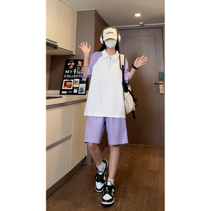 抖音 华夫格插肩袖拼色polo衬衫短裤休闲套装 TZ1500特批P50控98图片