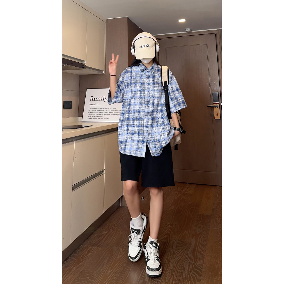 抖音夏季宽松彩格泼墨工艺短袖衬衫男生衬衣S225特批P38控58,男装衬衫,电商A247