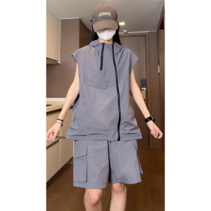夏季防水速干多拉链连帽背心T恤+工装短裤套装 TZ1480特批P65控98图片