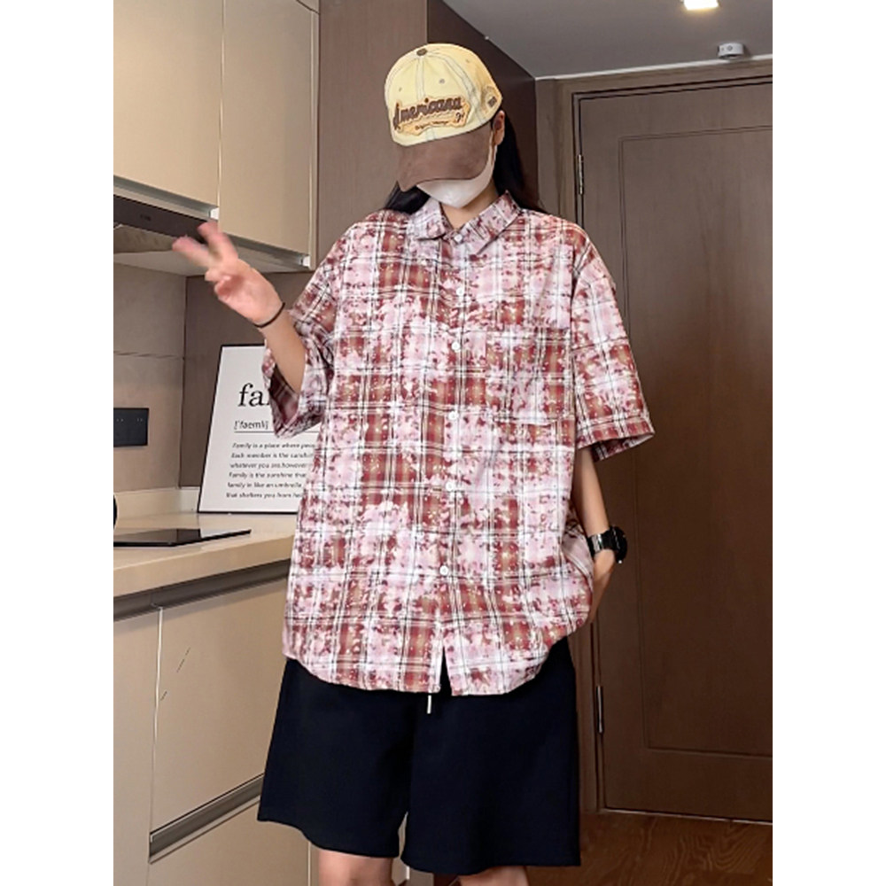 抖音夏季潮流彩格喷墨情侣衬衣宽松短袖衬衫S226特批P40控68,男装衬衫,电商A247