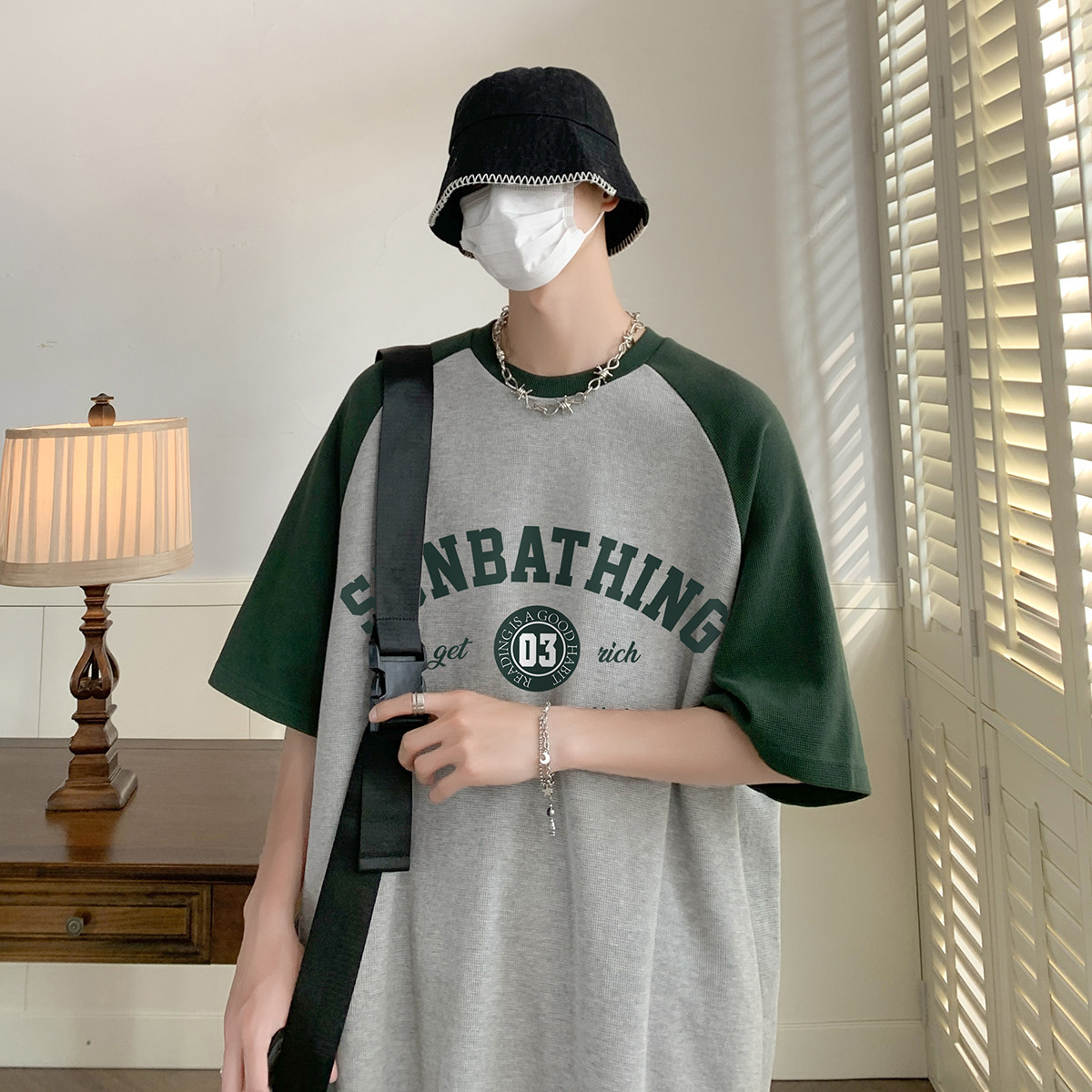 夏季插肩袖拼色时尚圆领短袖T恤DT361特批P35控58,男装T恤,电商A247