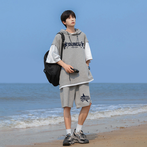 夏季潮流宽松华夫格连帽假两件T恤短裤运动套装 TZ712特批P60控98图片