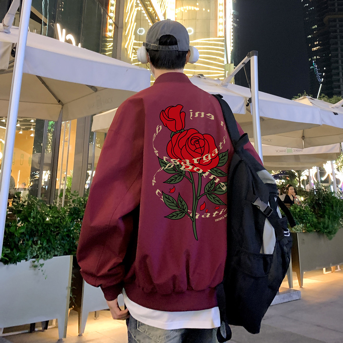 港风24春季立领潮流印花复古情侣夹克外套 F366P65控88图片