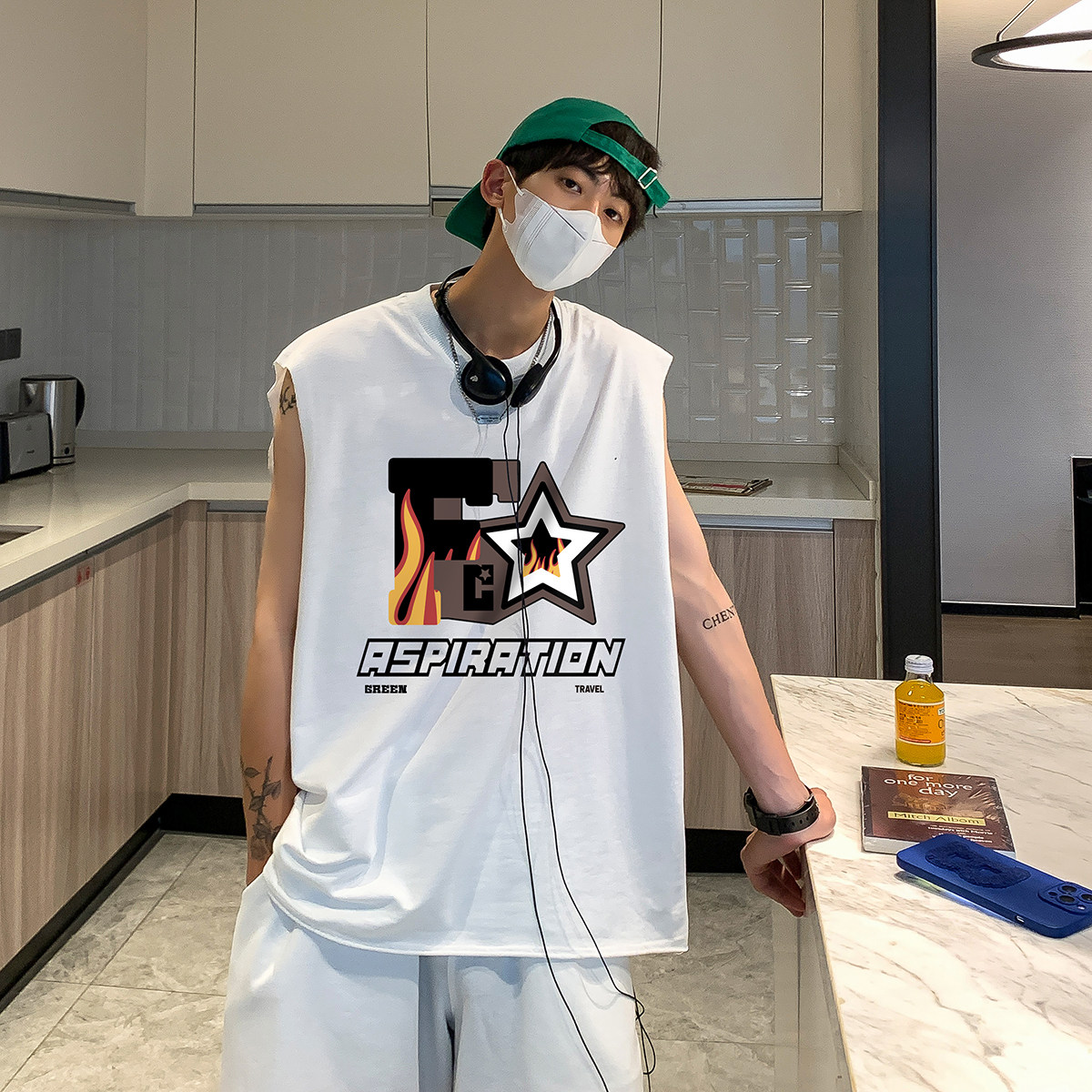 夏季潮流时尚印花百搭无袖T恤短裤休闲运动套装TZ213P50控68,男装休闲套装,电商A247