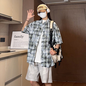 夏季彩格喷墨情侣衬衣宽松短袖衬衫  S226特批P40控68图片
