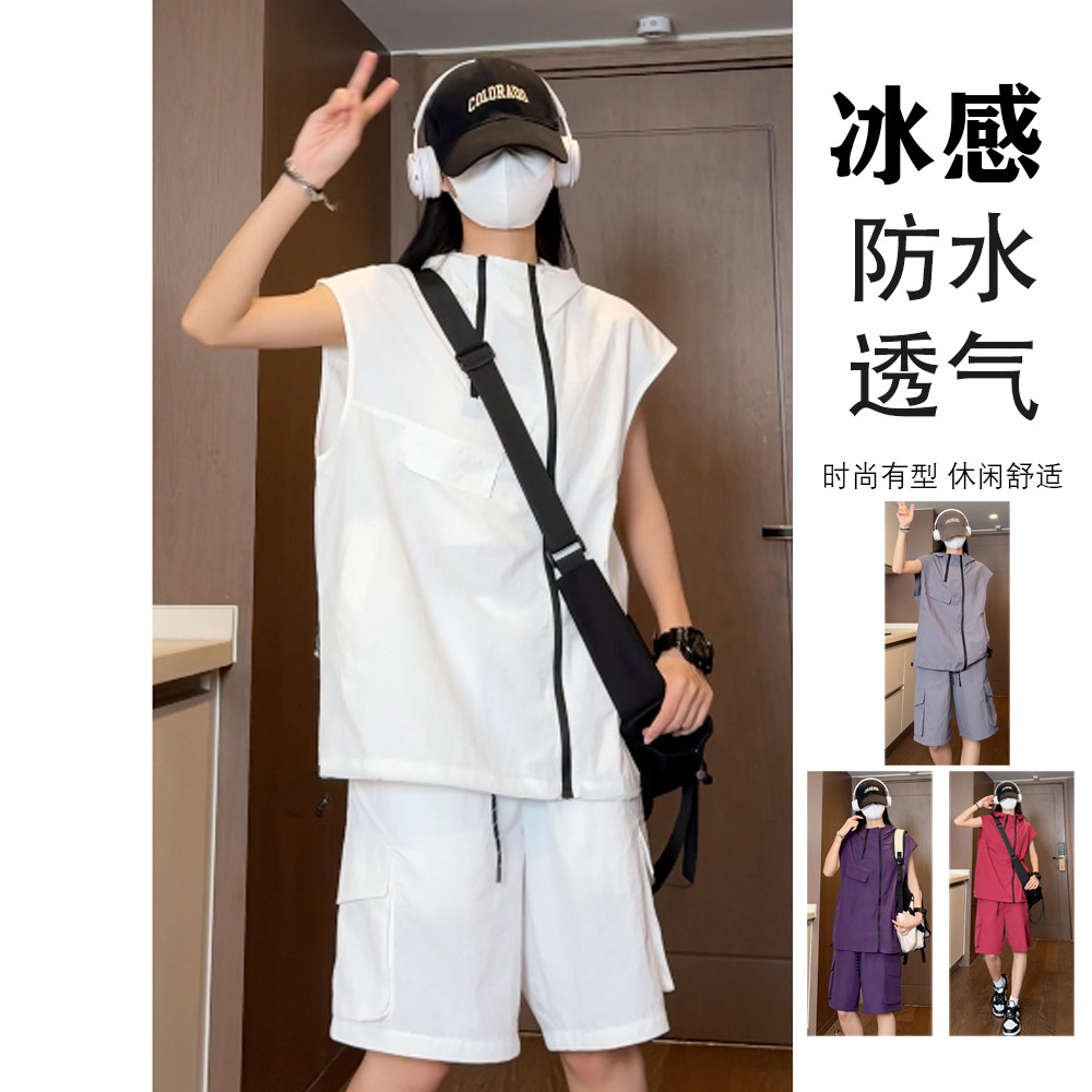 夏季潮流防水多拉链连帽背心T恤+工装短裤套装TZ1480特批P65控98,男装T恤,电商A247