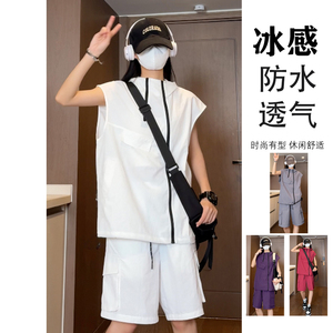 夏季潮流防水多拉链连帽背心T恤+工装短裤套装 TZ1480特批P65控98图片