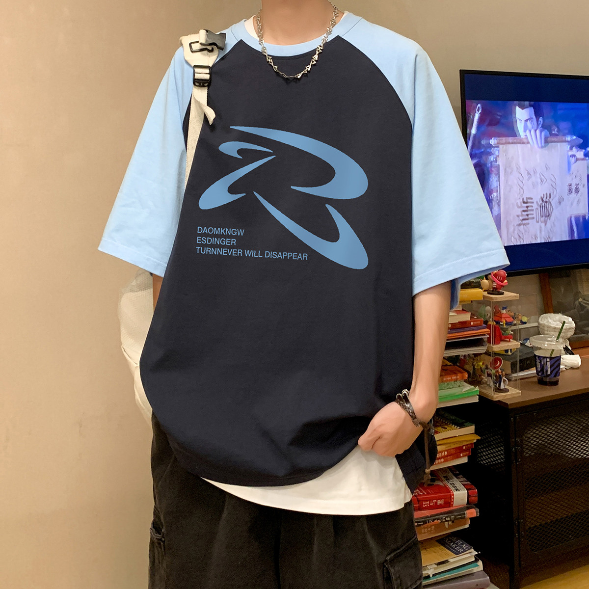 夏季拼色时尚印花宽松半袖体恤圆领短袖T恤DT456特批P35控58,男装T恤,电商A247