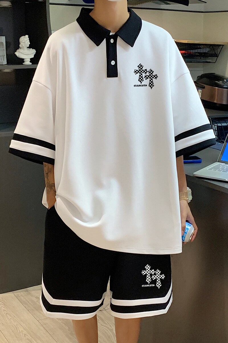 夏季潮流拼色翻领POLO衫搭短裤休闲运动套装TZ827特批P65控98,男装T恤,电商A247