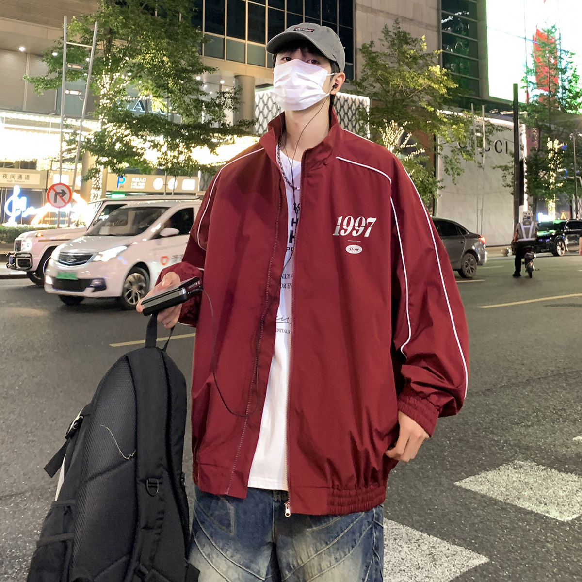 春季时尚宽松拼色织带立领休闲夹克外套F350P65控98,男装夹克,电商A247