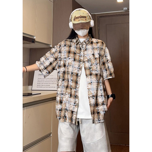 抖音夏季潮流彩格喷墨情侣衬衣宽松短袖衬衫S226特批P40控68