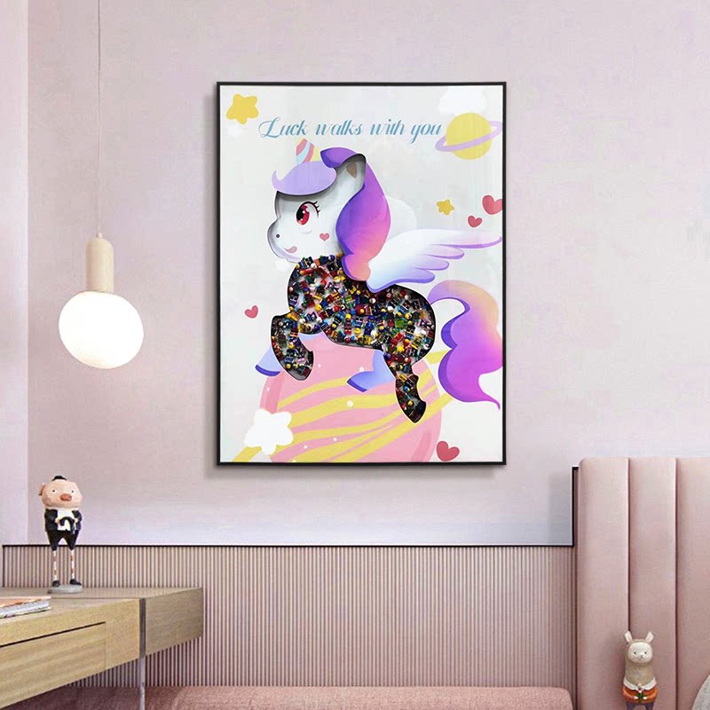 s2821 网红积木新儿童房间挂画沙发墙装饰画可爱卡通马6080