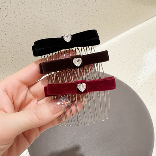 洋气款丝绒蝴蝶结水钻发梳前额公主发夹后脑勺碎发倒插梳发卡发饰