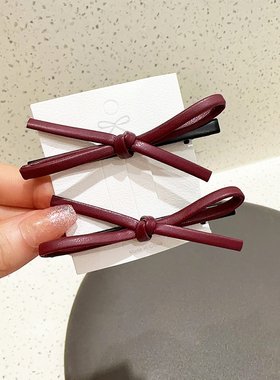 2个装安可拉红色仿皮质发夹蝴蝶结鸭嘴夹2024发夹侧边刘海夹发卡