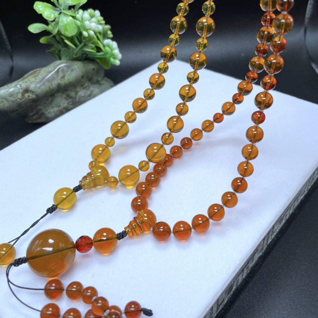 【李氏珠宝】稀有红茶绿膜变色龙项链7.8-10.5mm周长62缅甸琥珀