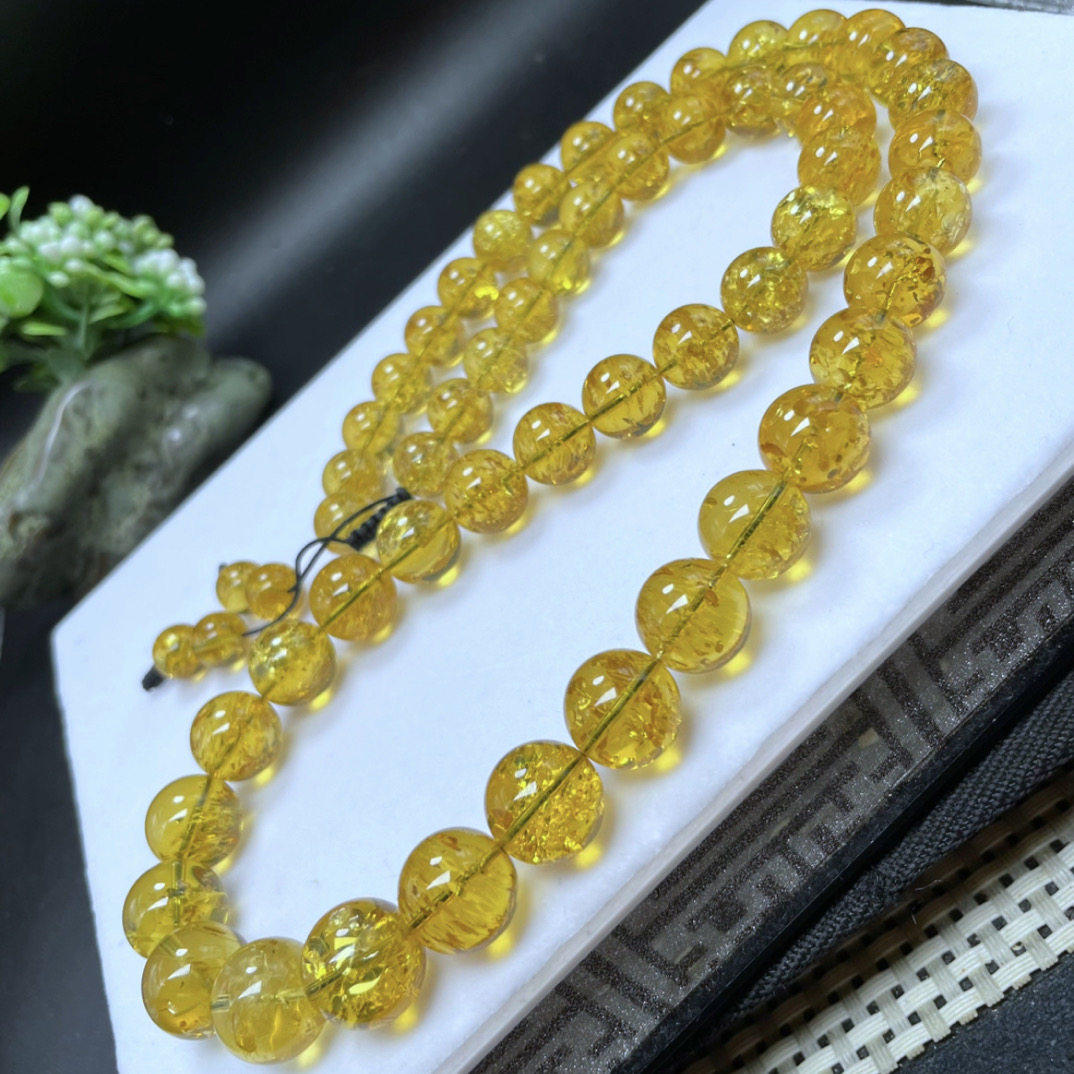 【李氏珠宝】稀有花珀项链10.8-13.5mm56.3克周长60cm缅甸琥珀