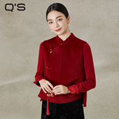 QS秸熙秋冬季 复古轻国风气质双面呢马甲女纯色保暖小立领外套 新款