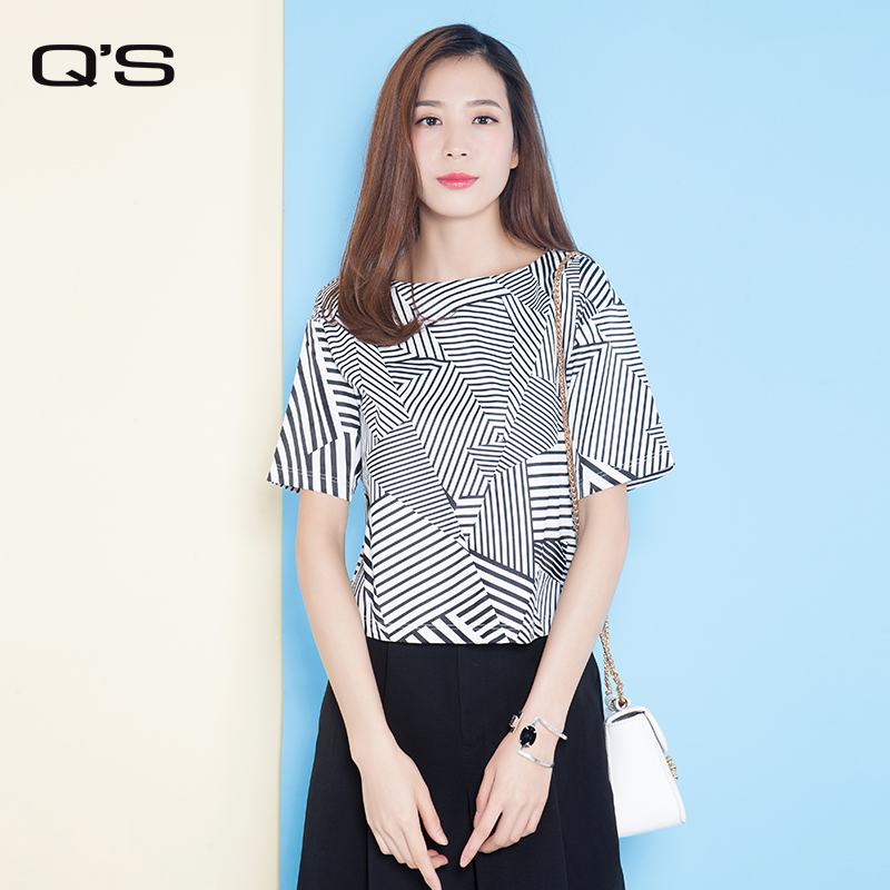 Q’S/秸熙女装夏装新品 韩版宽松一字领条纹短袖T恤JXT526