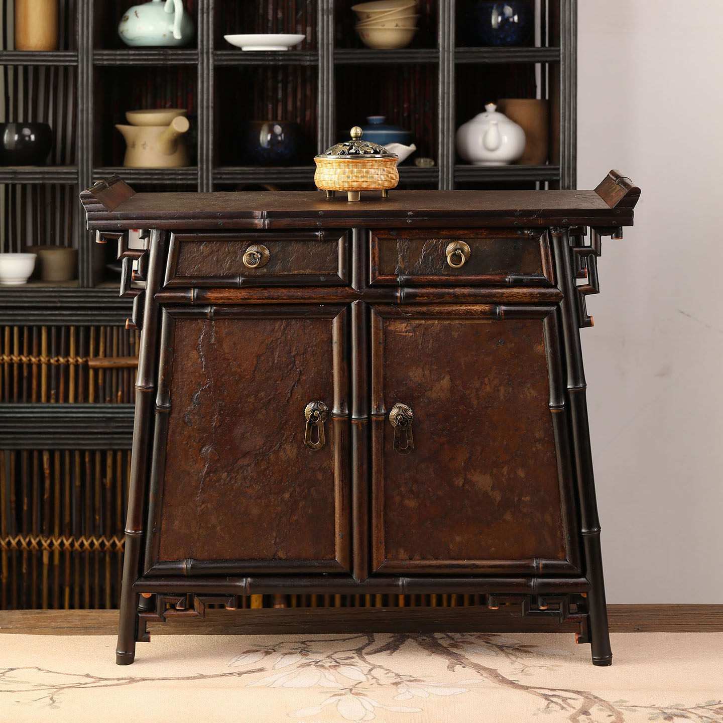 紫竹茶柜 大漆茶棚桌面明式茶柜茶具收纳柜家具竹编提盒 筇竹提箱