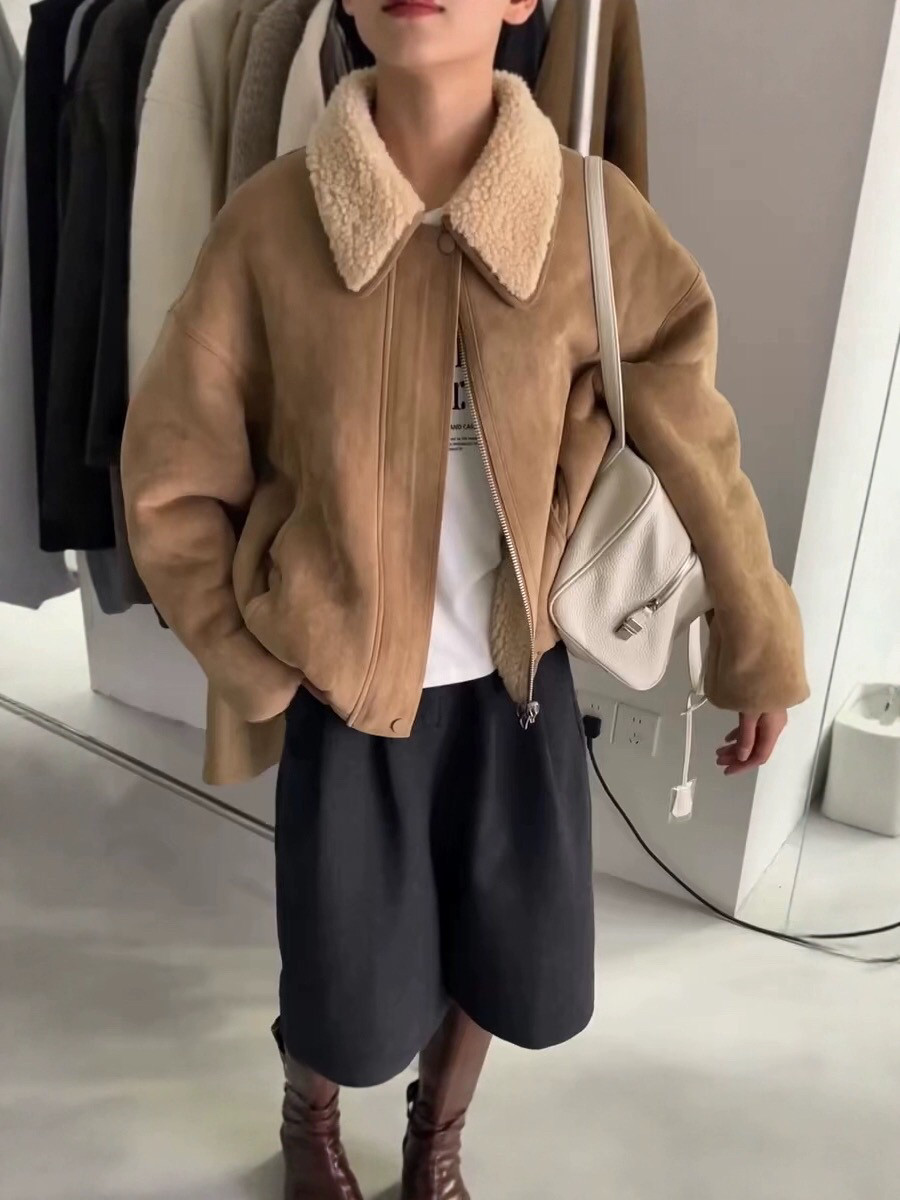 冬新款正反两穿羊羔毛鹿皮绒外套女简约韩系加厚短款翻领夹克上衣
