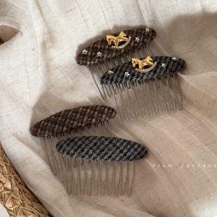 格纹小马布艺倒插梳发夹女新款高端齿梳精致高颅顶发卡发梳头饰