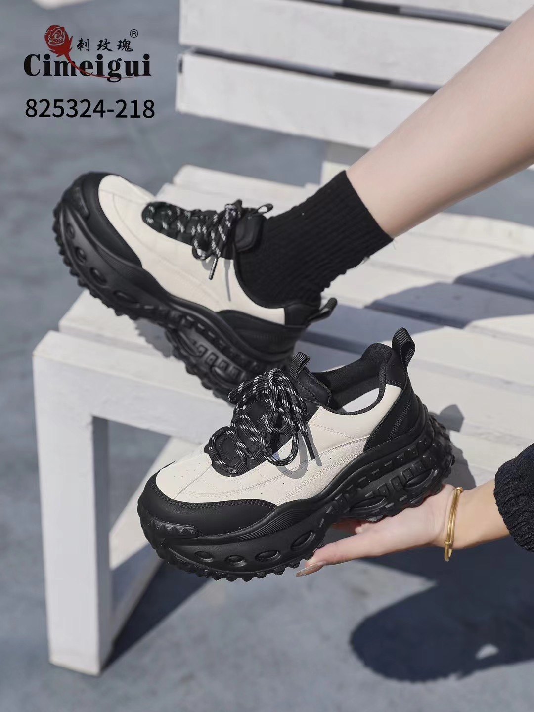 刺玫瑰正品女鞋2024秋拼色轻便松糕增高运动休闲真皮老爹鞋218