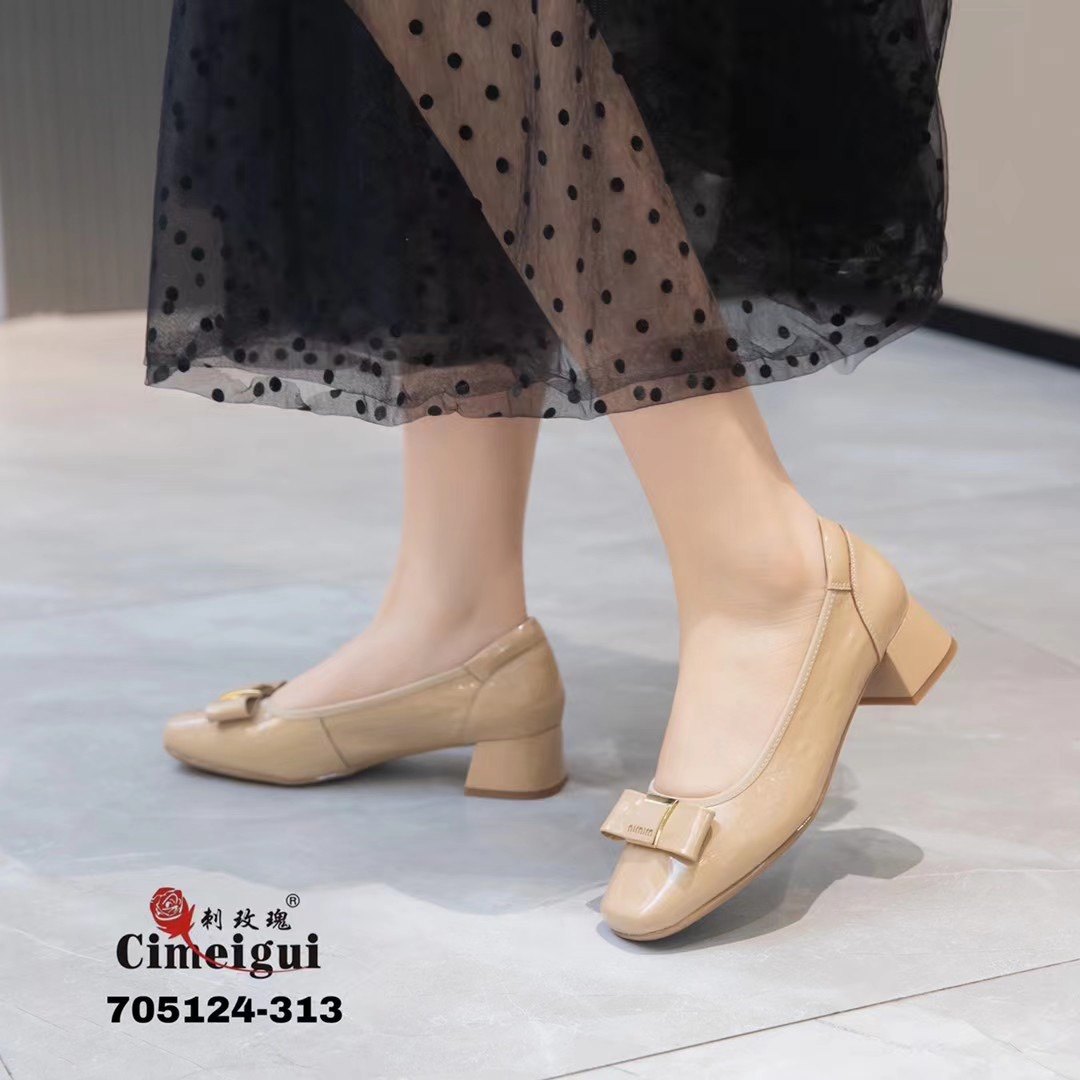 刺玫瑰正品女鞋2024春牛漆皮低跟舒适蝴蝶结百搭单鞋313(34-40码