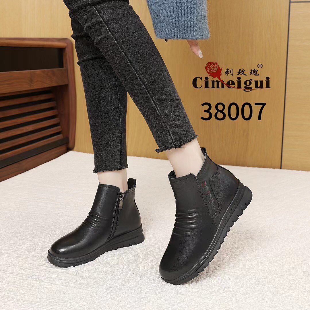 刺玫瑰正品女鞋2025冬牛皮550g厚绒舒适保暖婆婆真皮棉靴38007