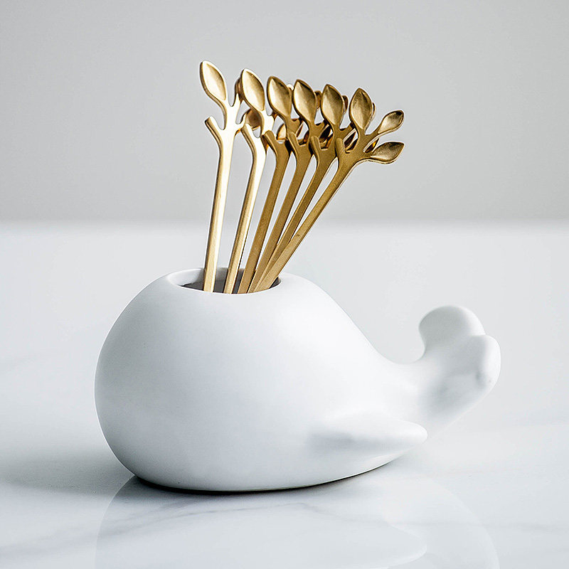鲸鱼陶瓷罐果叉套装创意可爱北欧风格叉子家用不锈钢水果签果插