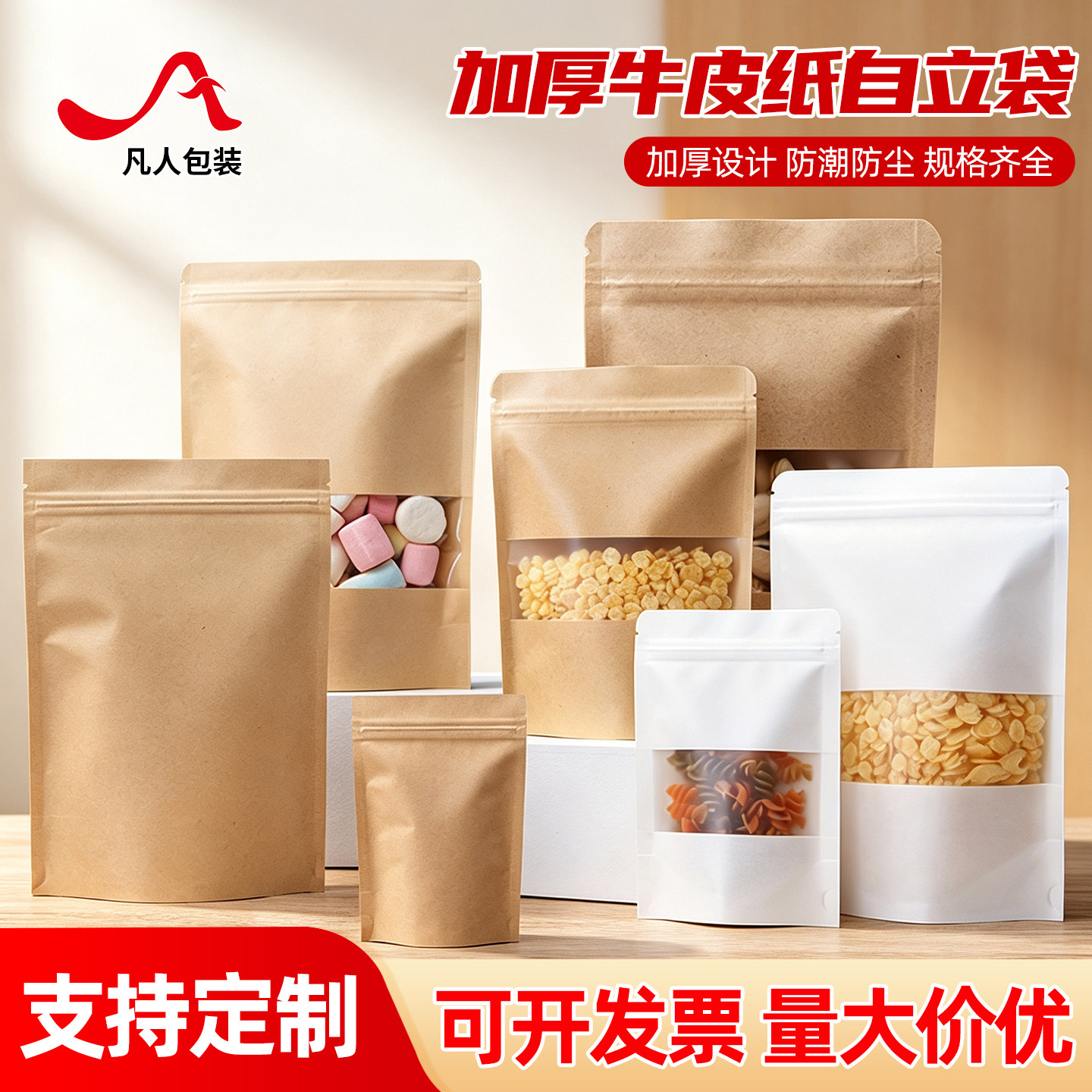 牛皮纸袋自封袋大号开窗白色加厚密封袋子自立袋茶叶坚果食品包装