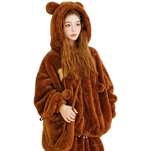 Bananagirl睡衣女冬季新款可爱小熊连帽套装珊瑚绒加厚保暖家居服