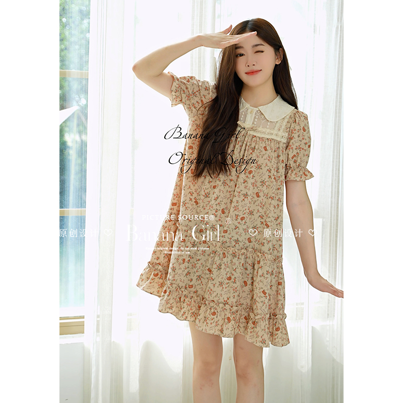 Bananagirl睡裙女士夏季短袖碎花甜美公主风韩版家居服宽松睡衣女
