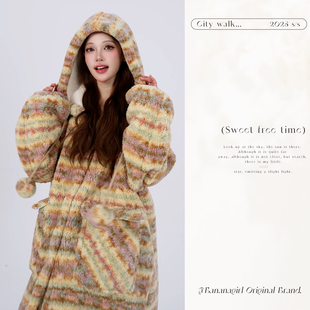 Bananagirl睡衣女套冬天羊羔绒加厚长款睡袍加绒家居服两件套装冬