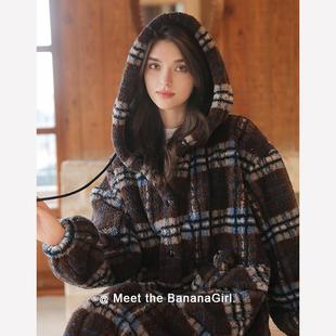 Bananagirl睡衣女套冬季新款加厚加绒格子长款睡袍家居服可外穿暖