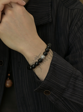 聚财乌金黑曜石手链S999金钱足银转运珠手串复古百搭饰品男友礼物