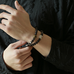 内外兼修一半黑檀一半银曜石双圈手串木手链s999足银蒂莲好运珠男