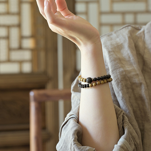 绿檀黑曜石双圈手串木手链金曜石刻字心经半诗半墨文艺喜水木男女