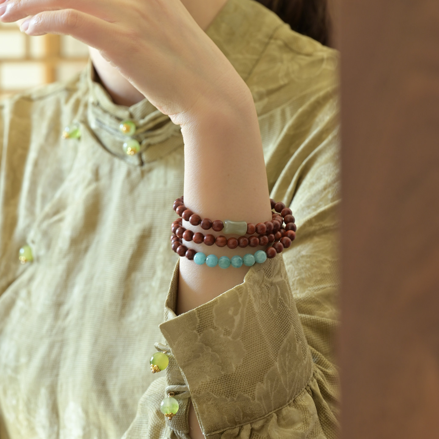 吉祥红檀木三圈手串木手链项链和田青白玉竹节天河石国风文艺小众