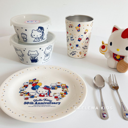 日本三丽鸥hello kitty50周年限定陶瓷餐盘玻璃杯碗不锈钢杯叉勺