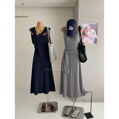 IAM HAN独特腰封简约高智感连衣裙修身显瘦条纹披肩吊带裙子