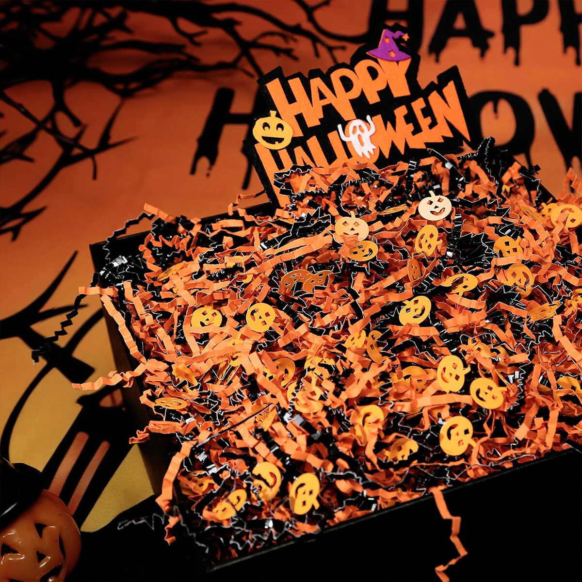 万圣节南瓜幽灵拉菲草纸屑装饰品场景布置道具派对用品糖果盒道具