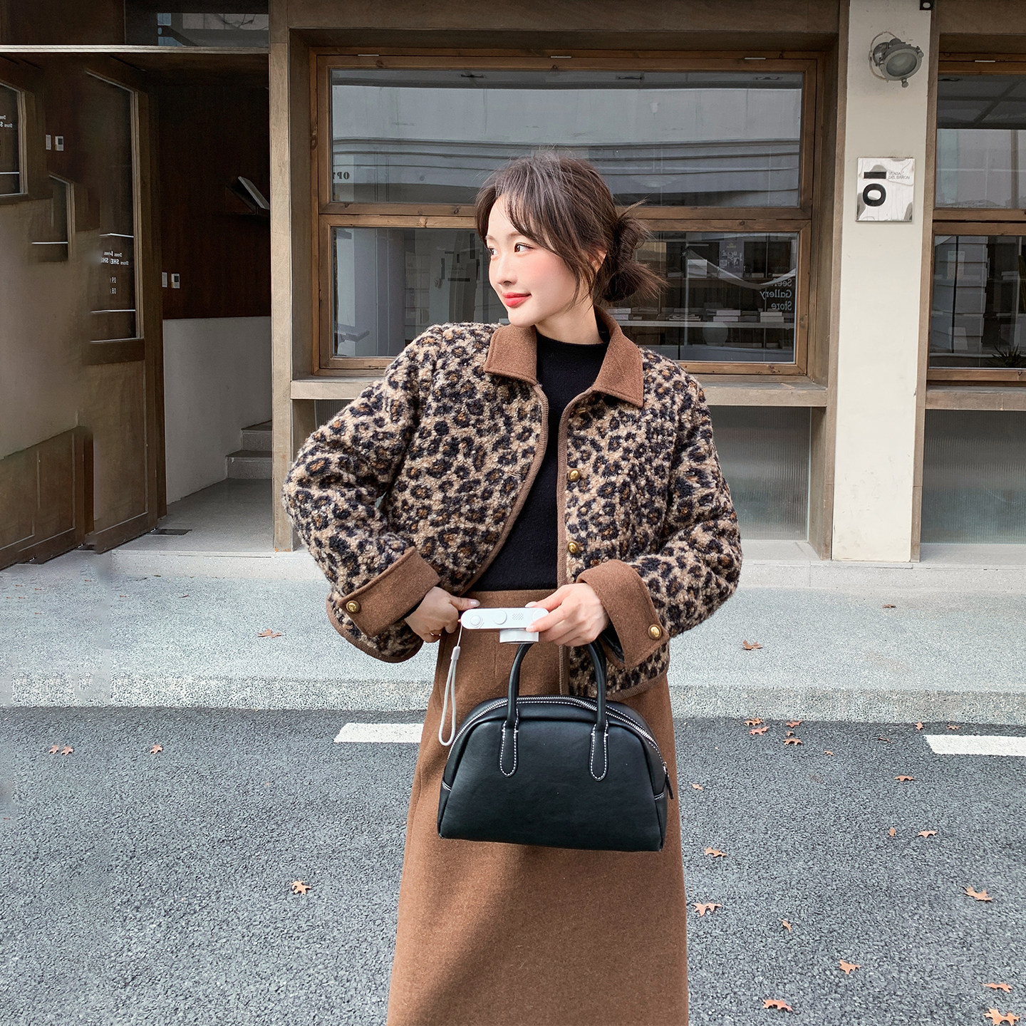 美拉德豹纹羊羔毛外套半身裙套装